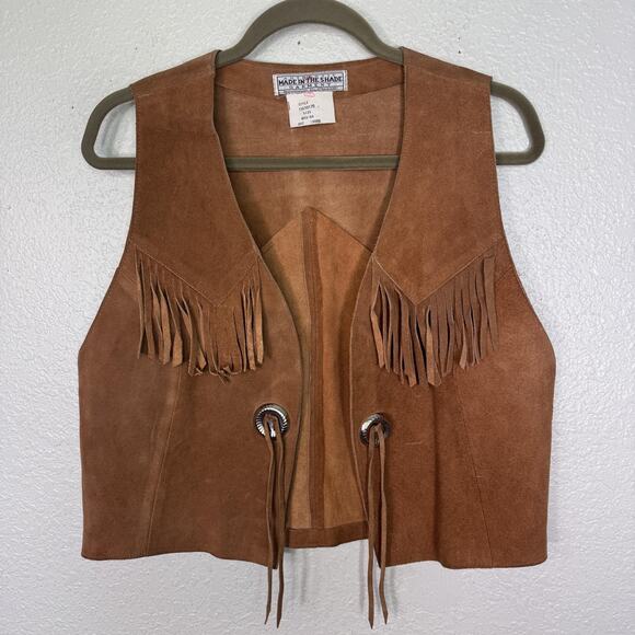 Vintage Suede Fringe Vest Womens Medium Western Leather Concho Tie Front USA - Picture 1 of 14